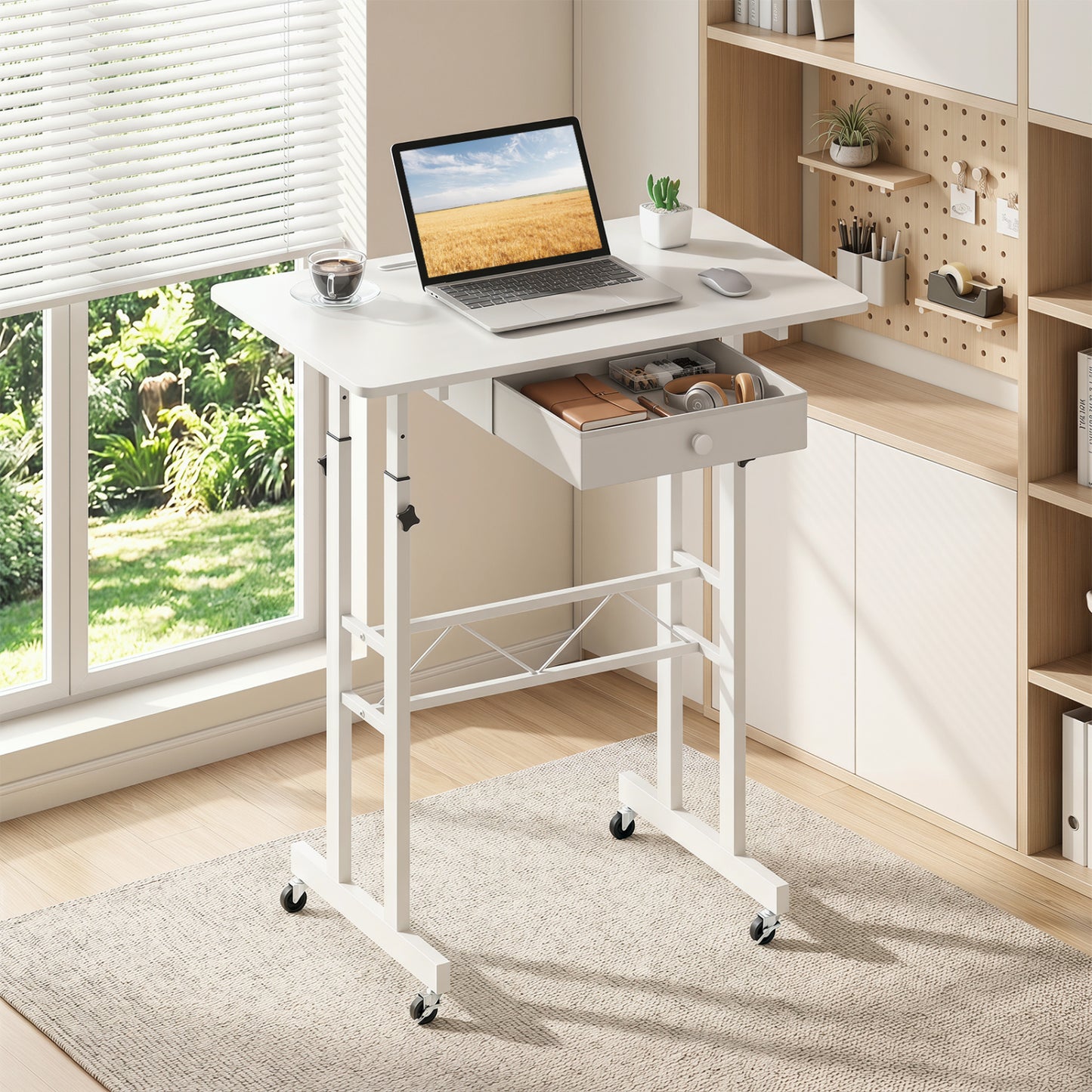 Adjustable Laptop Desk with Drawer and Wheels, White