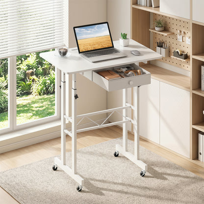 Adjustable Laptop Desk with Drawer and Wheels, White