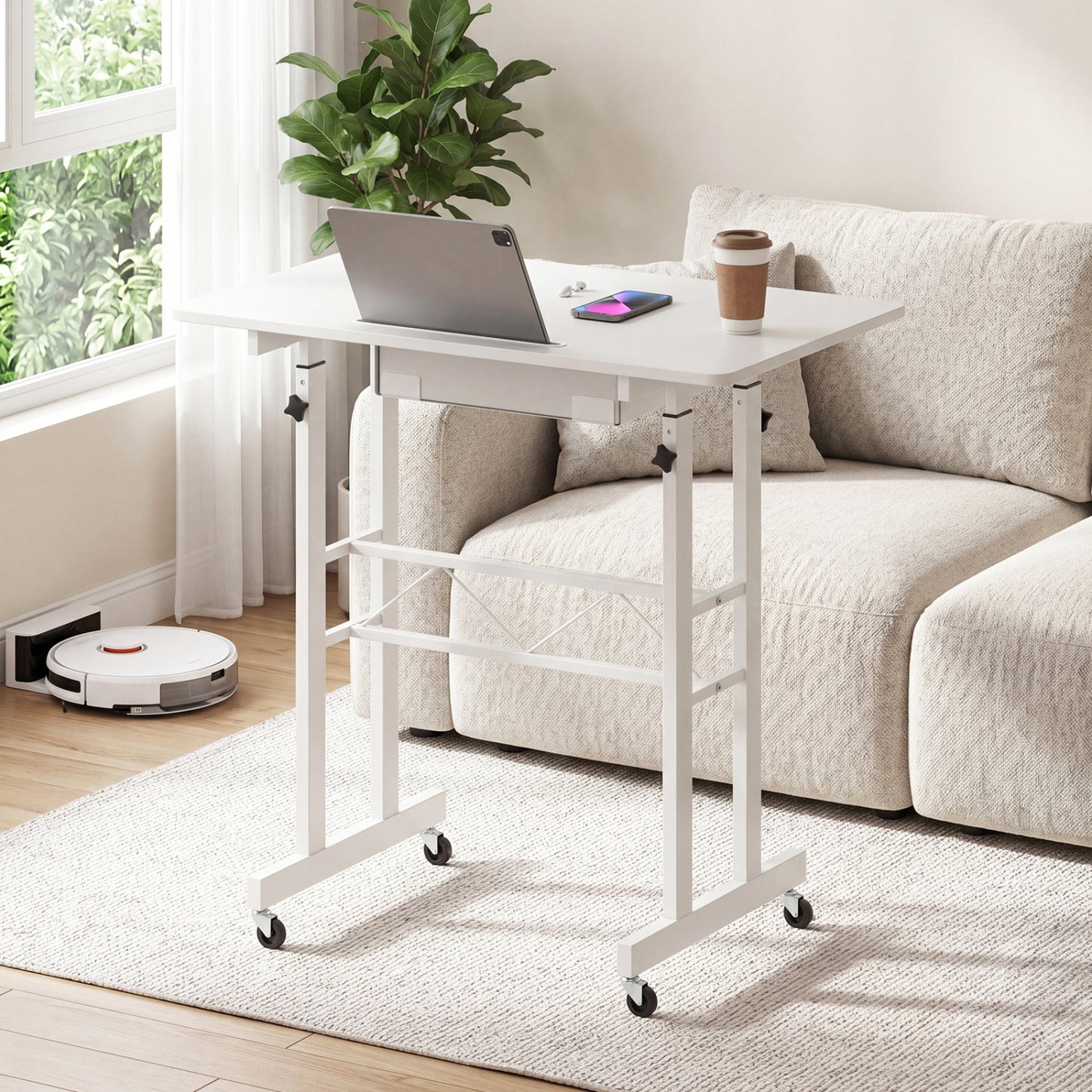 Adjustable Laptop Desk with Drawer and Wheels, White