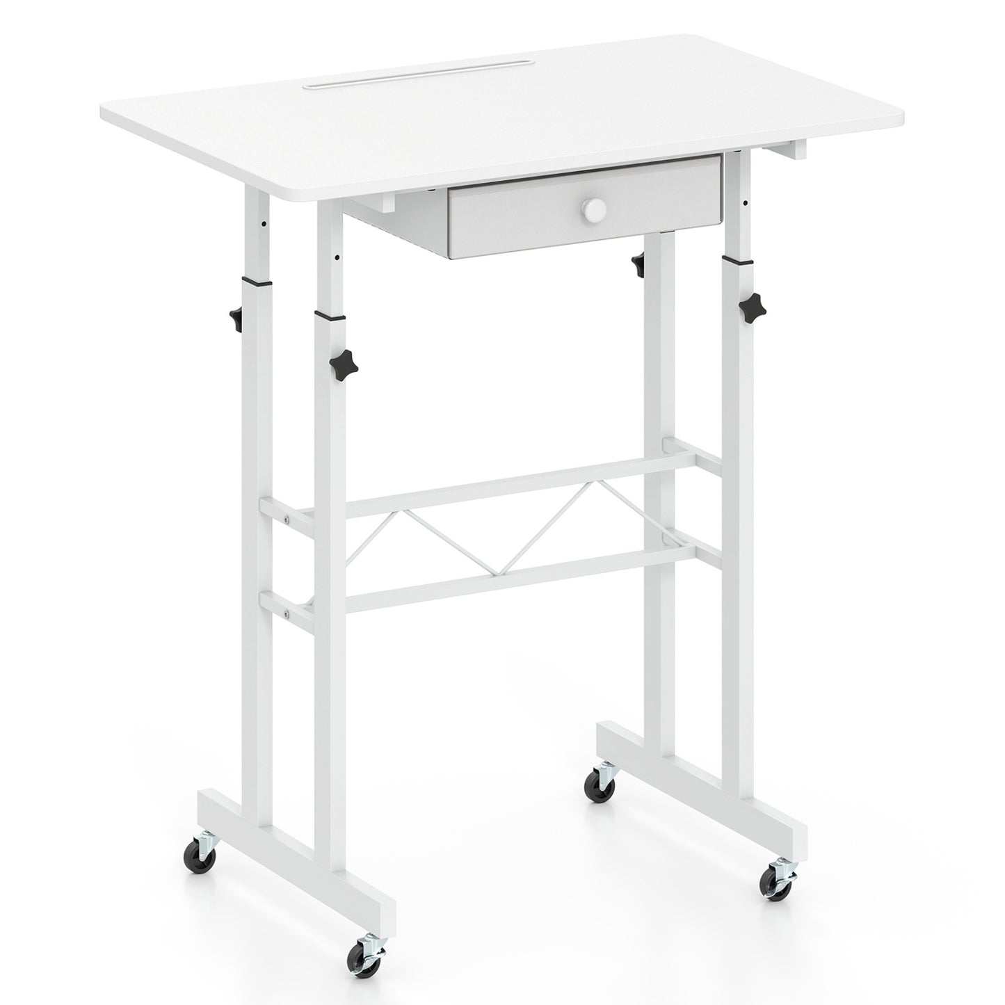 Adjustable Laptop Desk with Drawer and Wheels, White