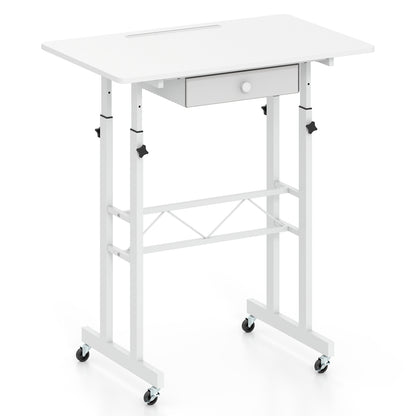 Adjustable Laptop Desk with Drawer and Wheels, White
