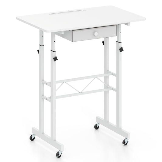 Adjustable Laptop Desk with Drawer and Wheels, White Standing Desks White at Gallery Canada