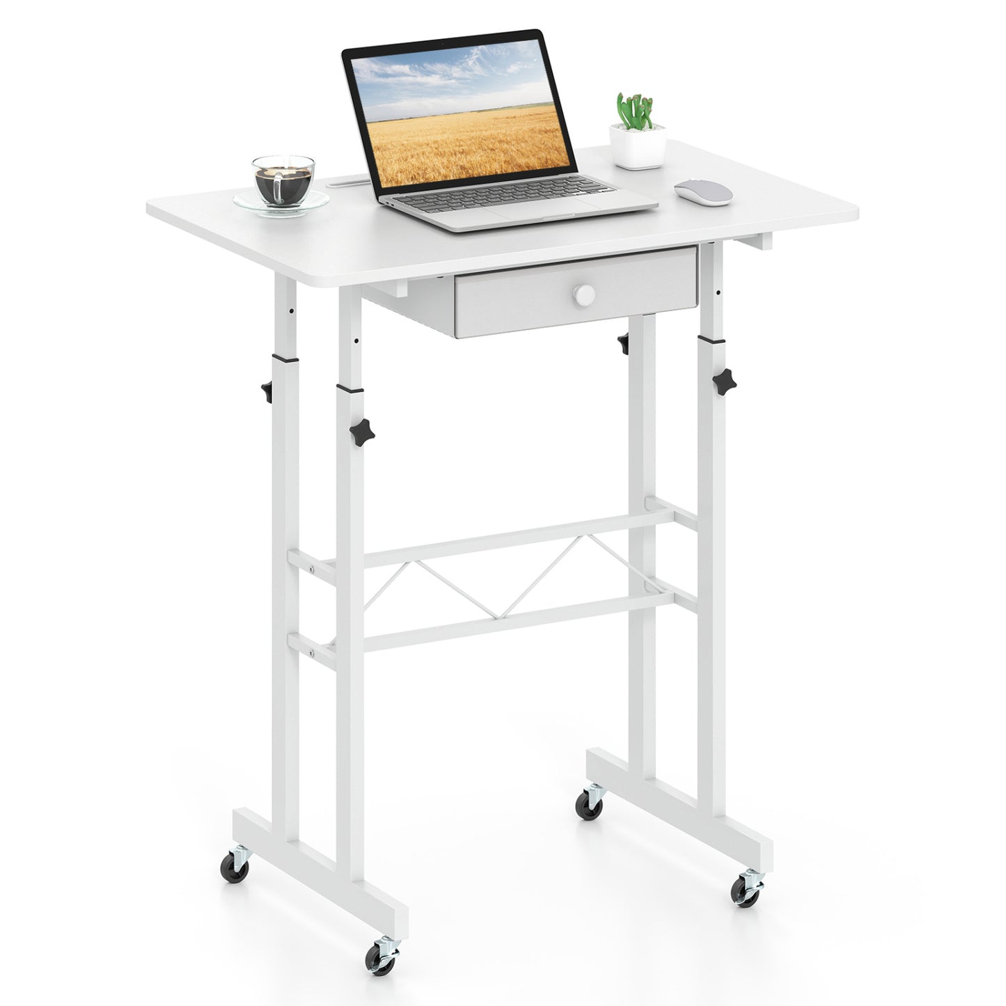 Adjustable Laptop Desk with Drawer and Wheels, White
