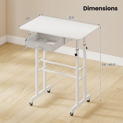 Adjustable Laptop Desk with Drawer and Wheels, White