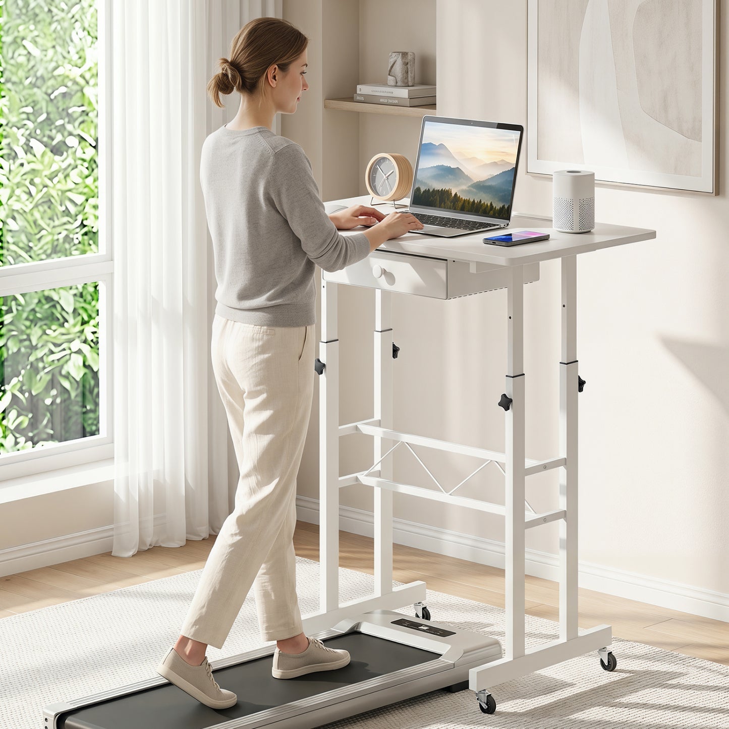 Adjustable Laptop Desk with Drawer and Wheels, White