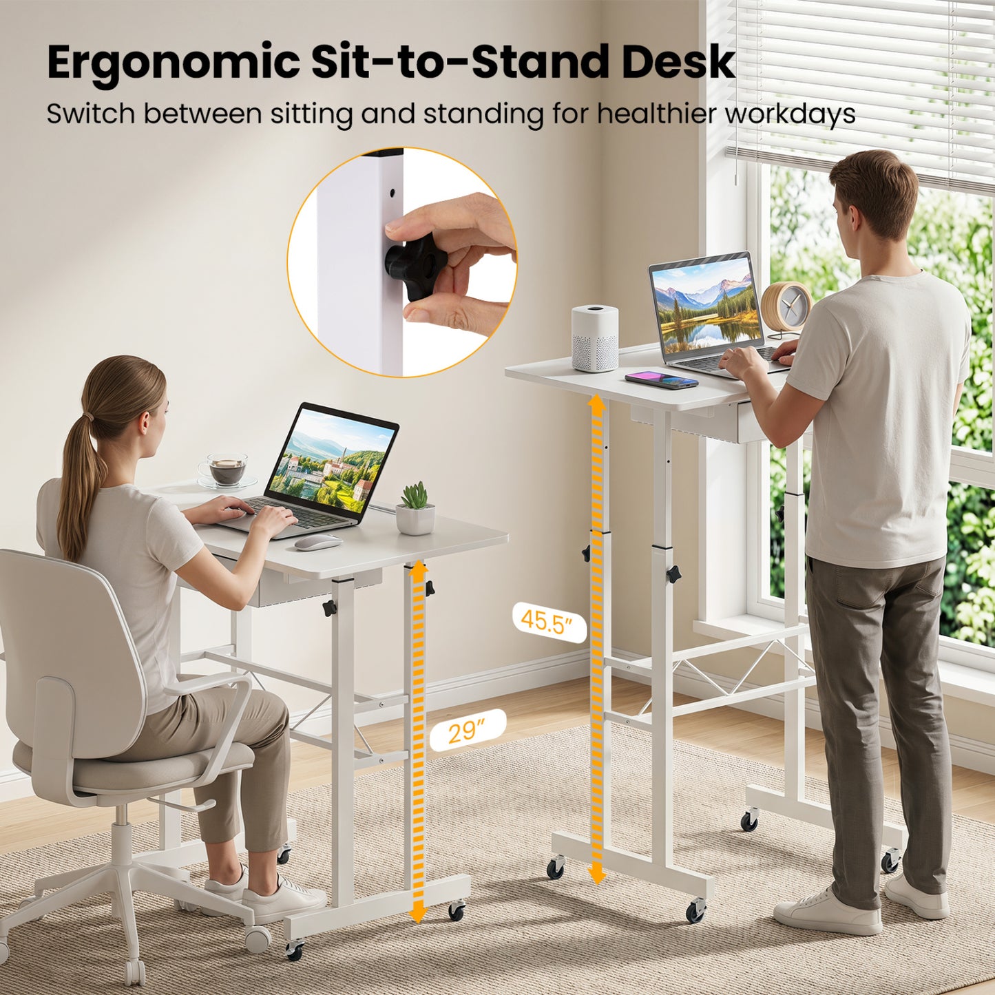 Adjustable Laptop Desk with Drawer and Wheels, White