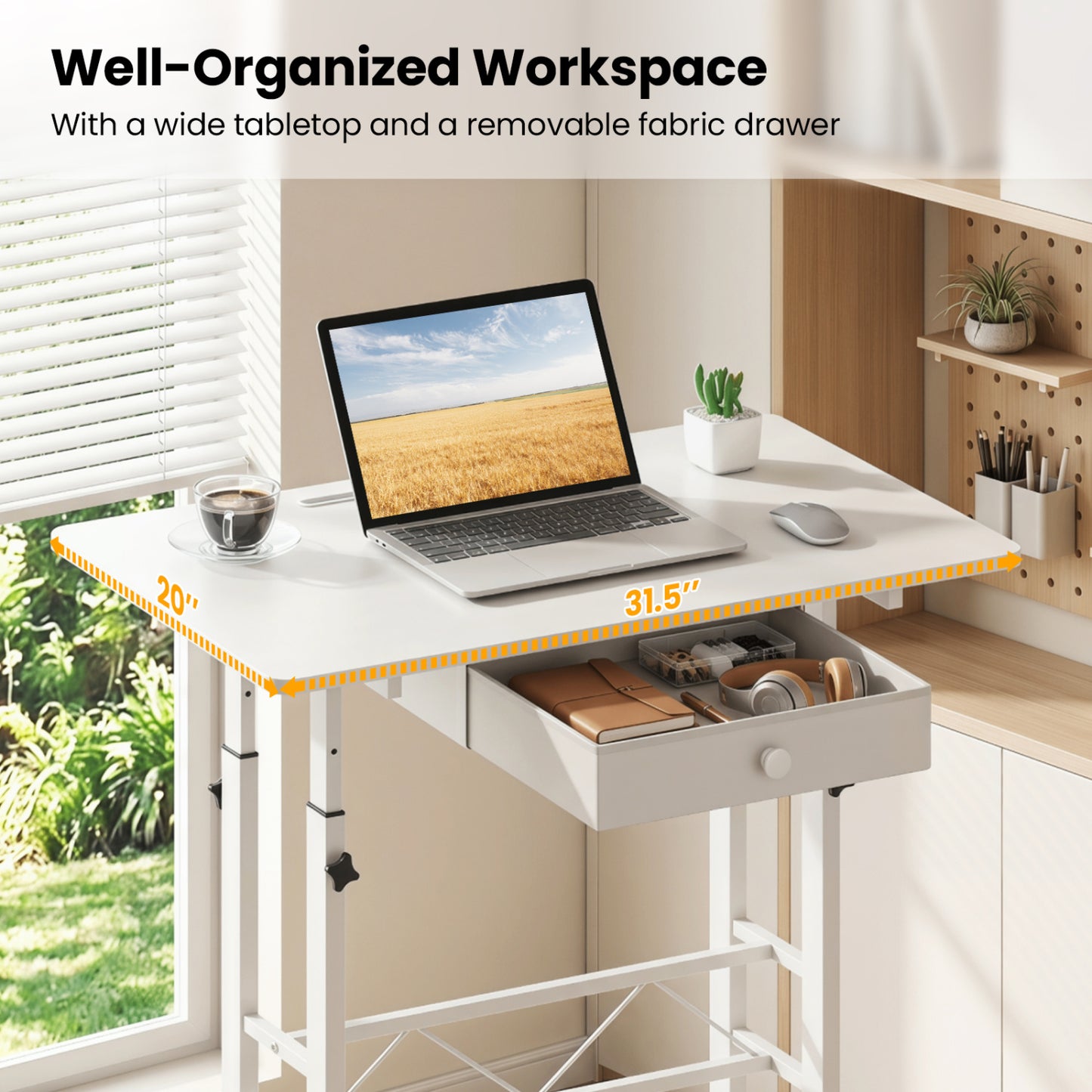 Adjustable Laptop Desk with Drawer and Wheels, White