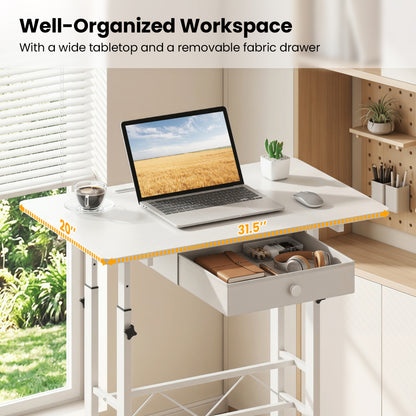 Adjustable Laptop Desk with Drawer and Wheels, White