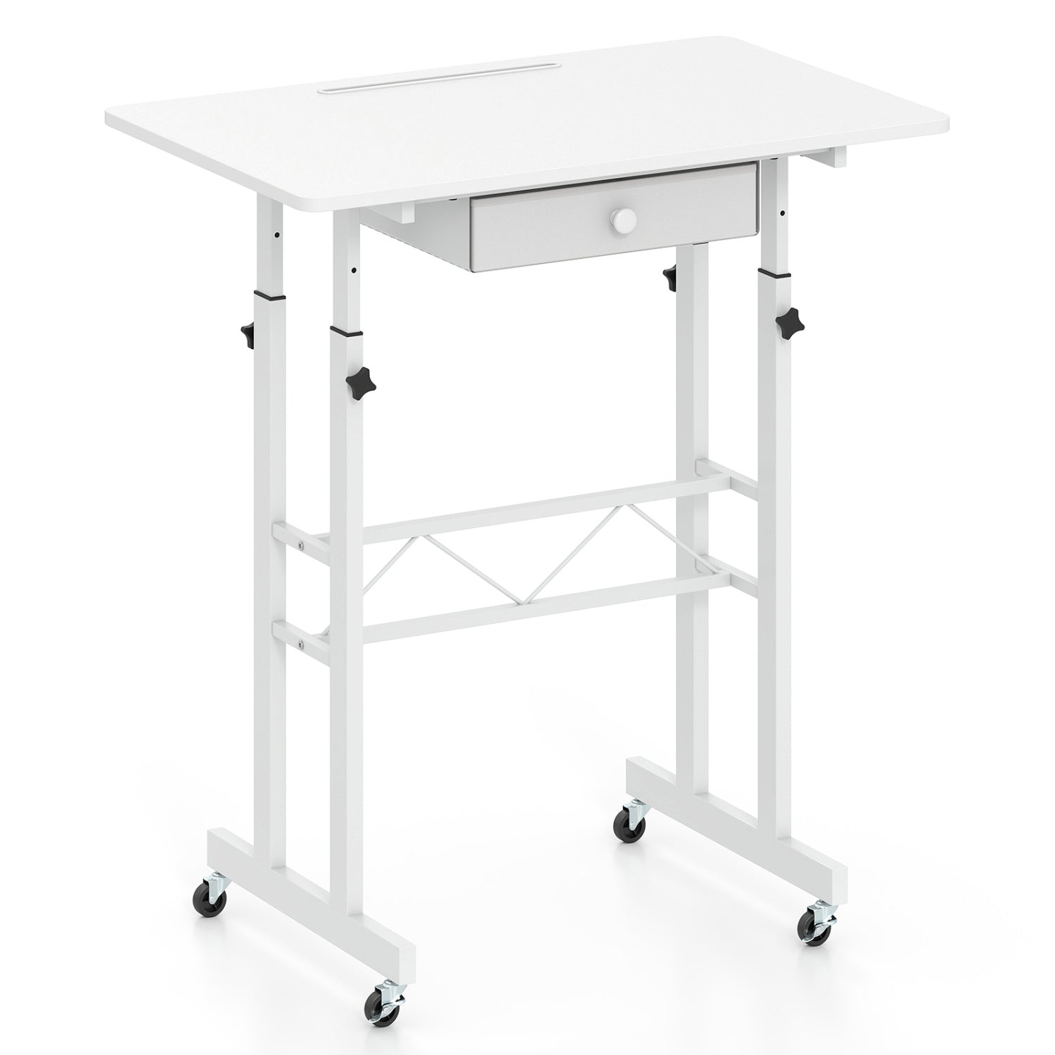 Adjustable Laptop Desk with Drawer and Wheels, White Standing Desks White at Gallery Canada