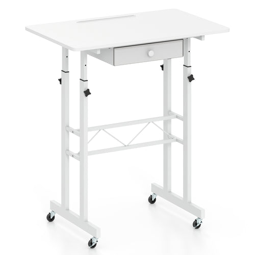 Adjustable Laptop Desk with Drawer and Wheels, White