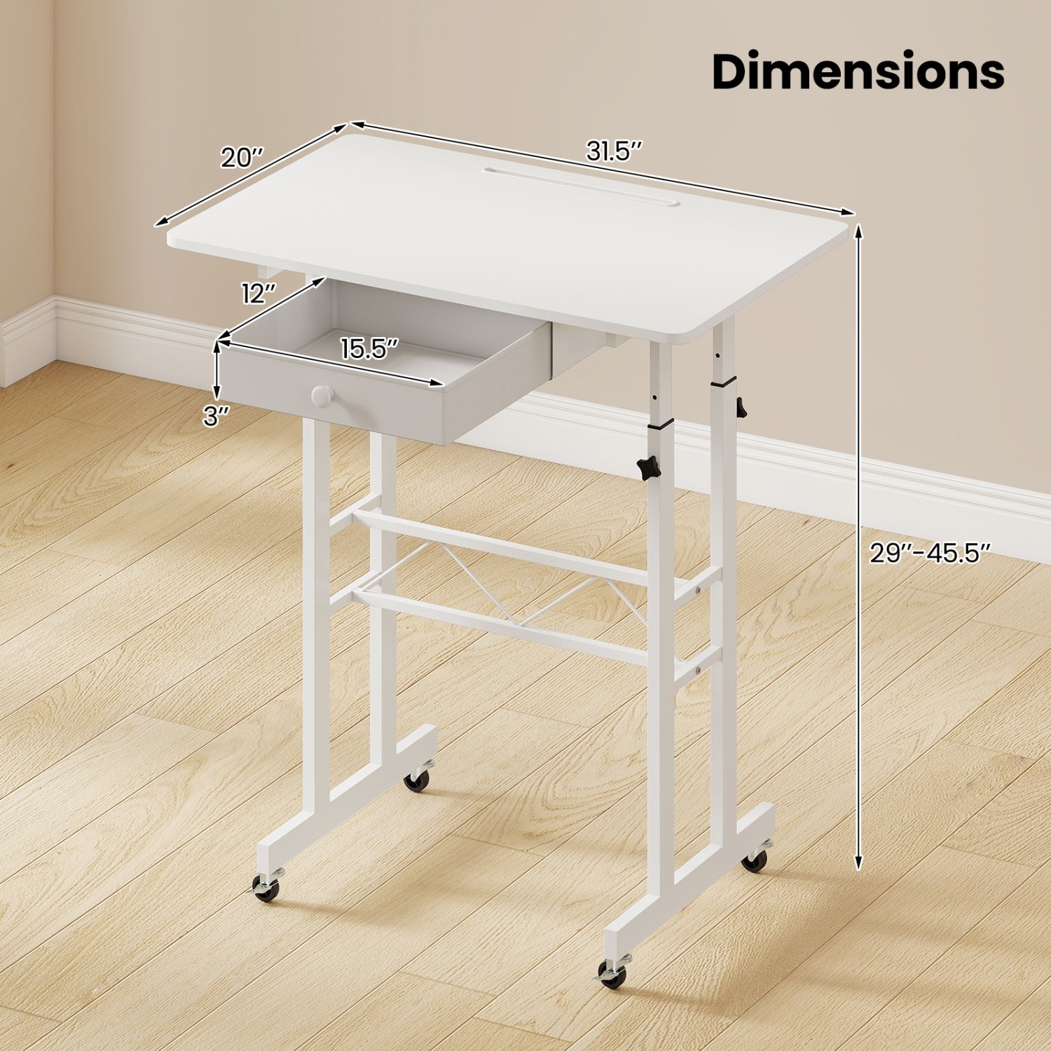 Adjustable Laptop Desk with Drawer and Wheels, White Standing Desks at Gallery Canada