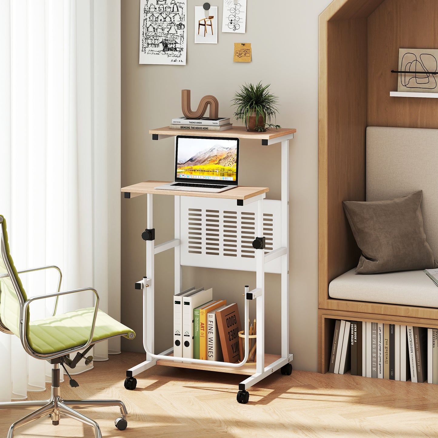 Adjustable Mobile Computer Stand-Up Desk, Oak Laptop Tables & Printer Stands at Gallery Canada