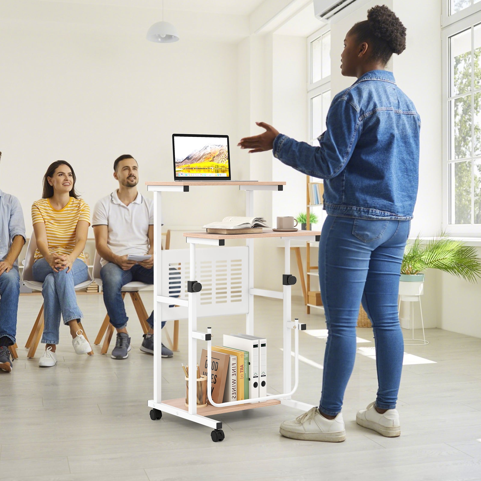 Adjustable Mobile Computer Stand-Up Desk, Oak Laptop Tables & Printer Stands at Gallery Canada