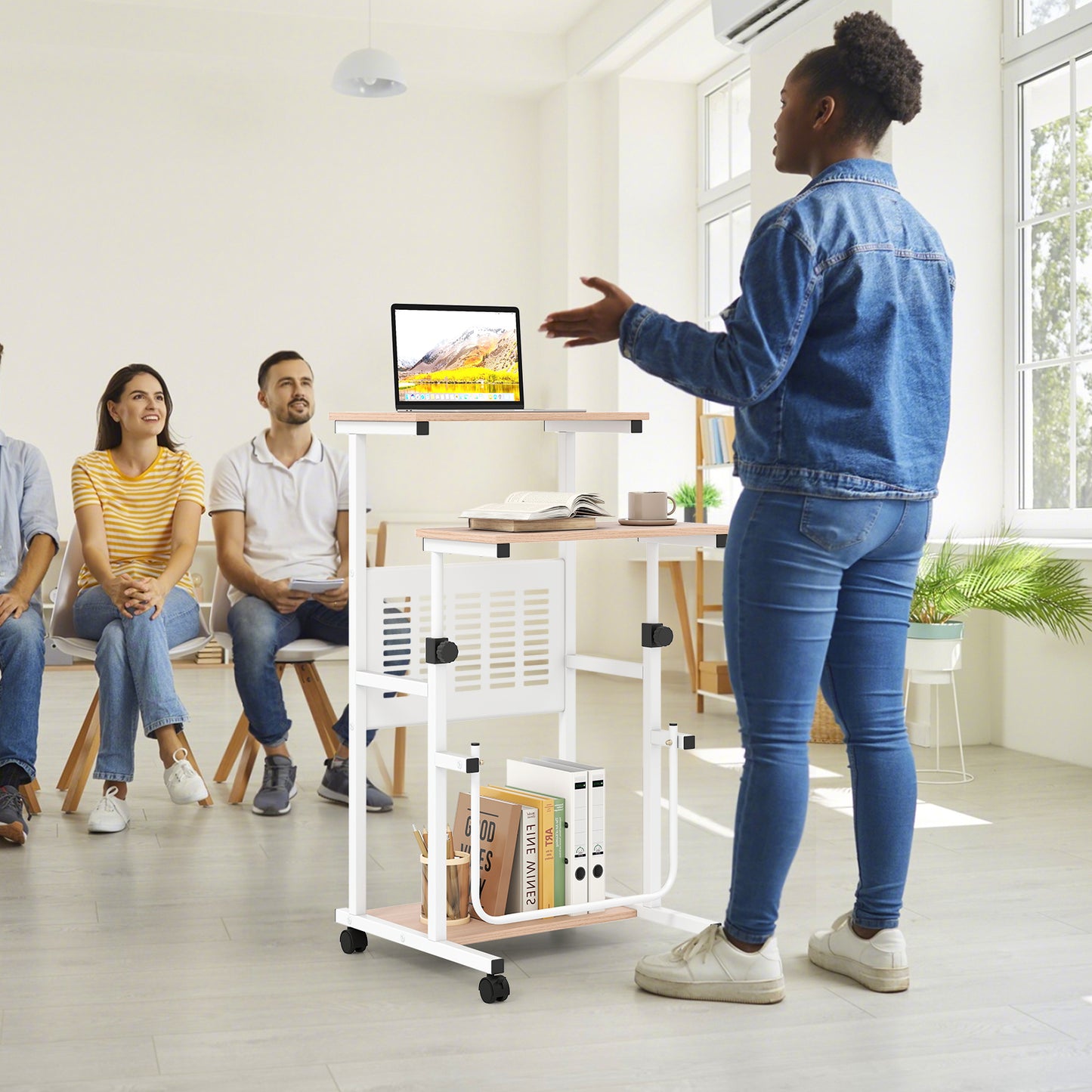 Adjustable Mobile Computer Stand-Up Desk, Oak Laptop Tables & Printer Stands at Gallery Canada