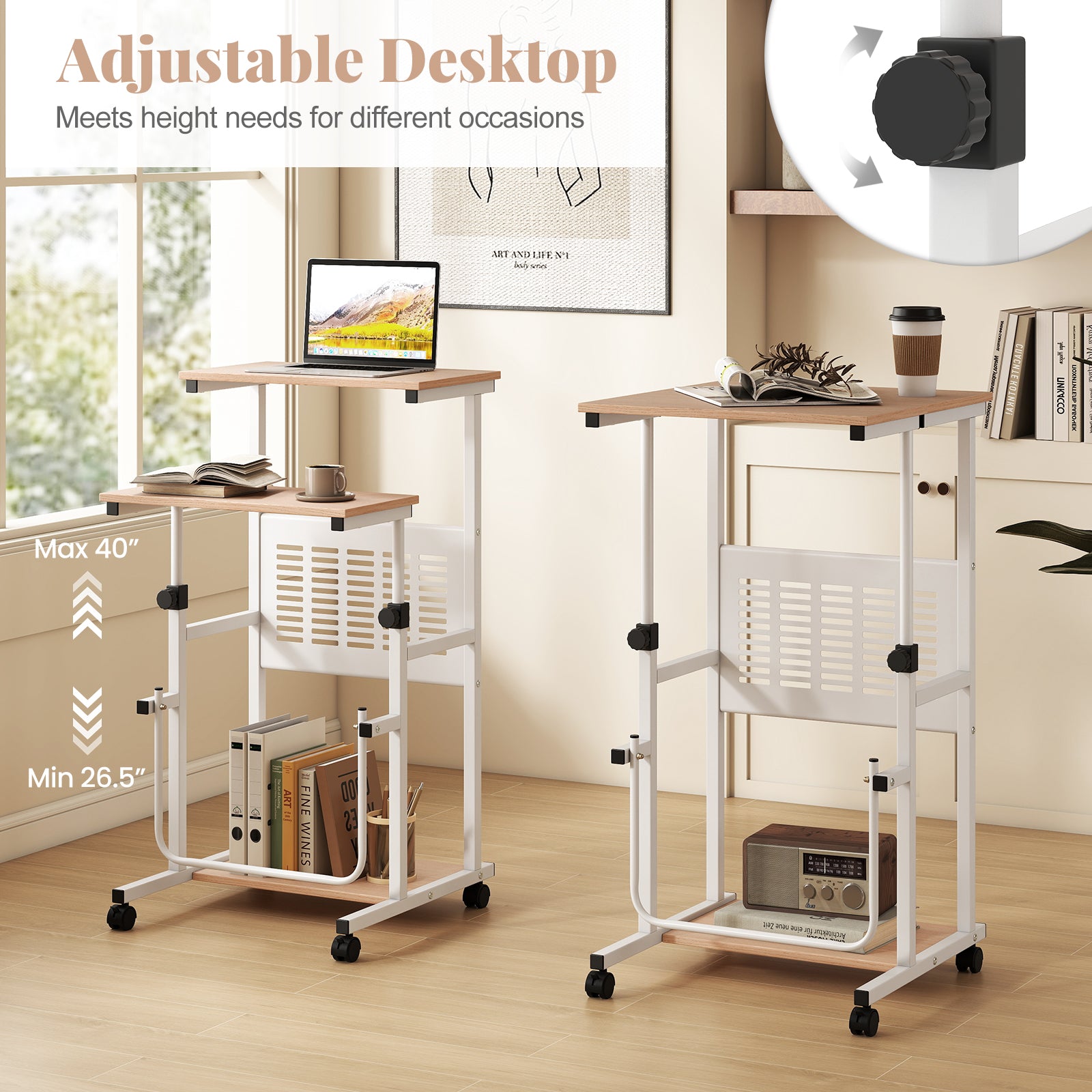 Adjustable Mobile Computer Stand-Up Desk, Oak Laptop Tables & Printer Stands at Gallery Canada