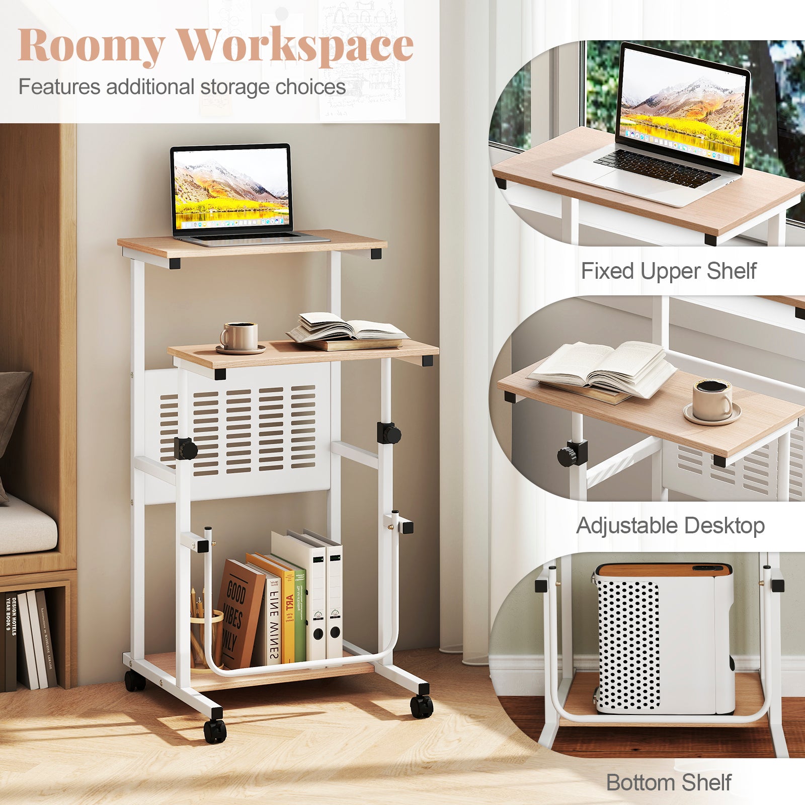 Adjustable Mobile Computer Stand-Up Desk, Oak Laptop Tables & Printer Stands at Gallery Canada