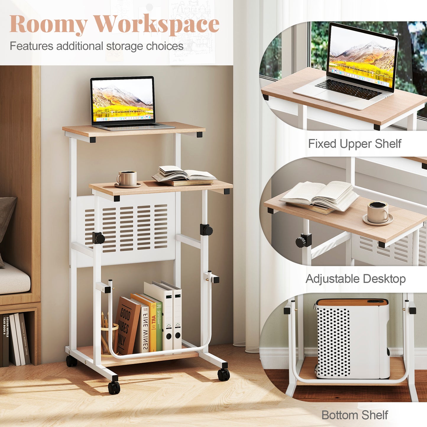 Adjustable Mobile Computer Stand-Up Desk, Oak Laptop Tables & Printer Stands at Gallery Canada