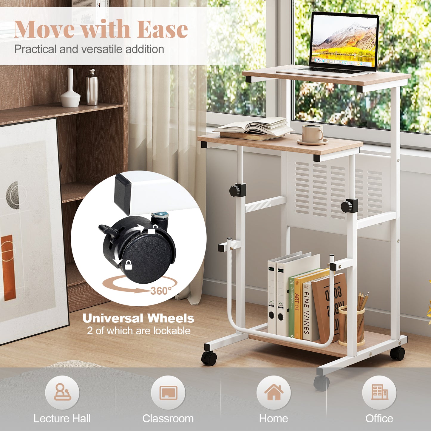 Adjustable Mobile Computer Stand-Up Desk, Oak Laptop Tables & Printer Stands at Gallery Canada