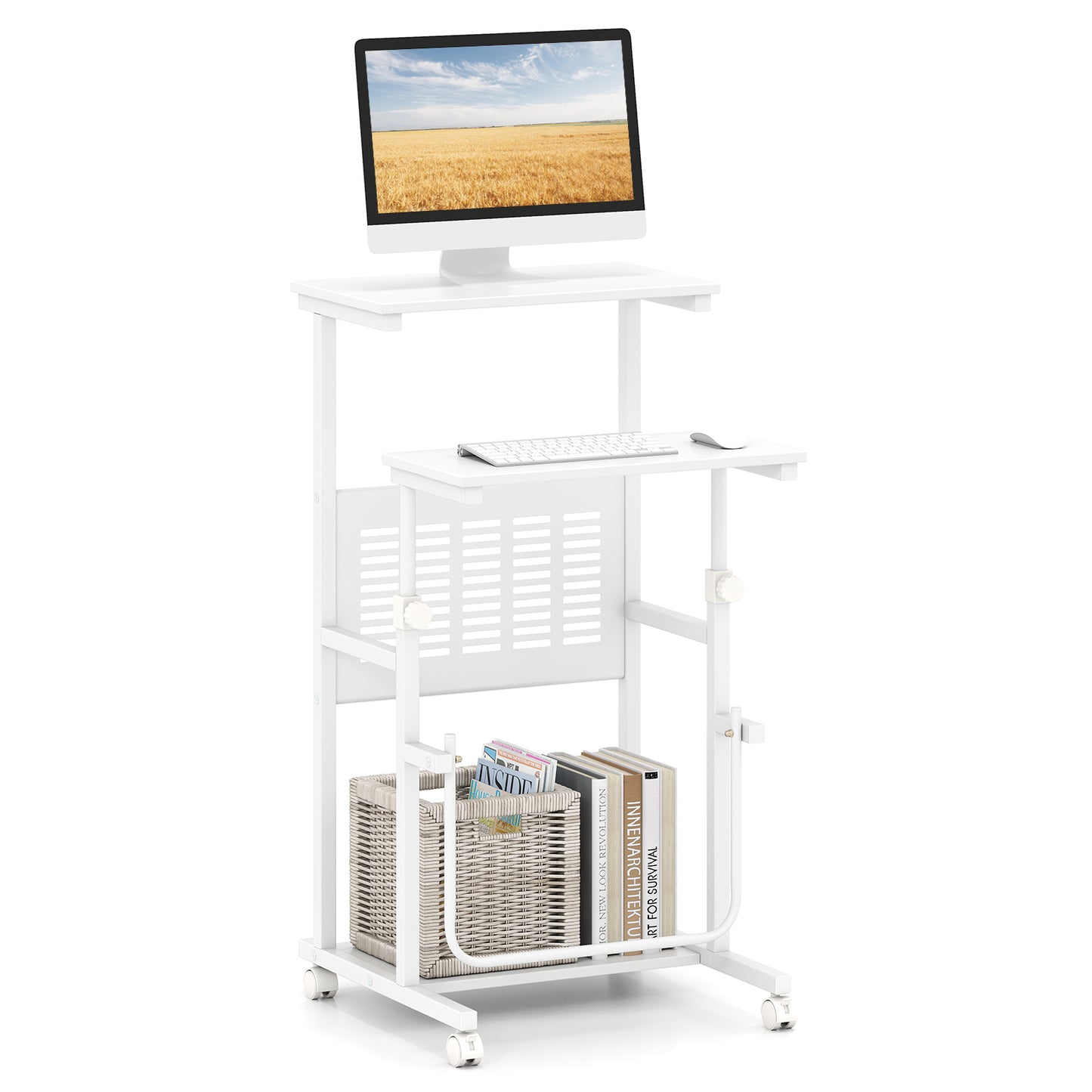 Height Adjustable Mobile Computer Stand-Up Desk, White Computer Desks White at Gallery Canada