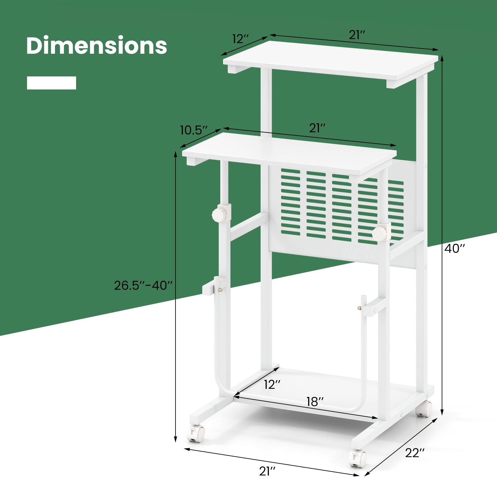 Height Adjustable Mobile Computer Stand-Up Desk, White Computer Desks at Gallery Canada