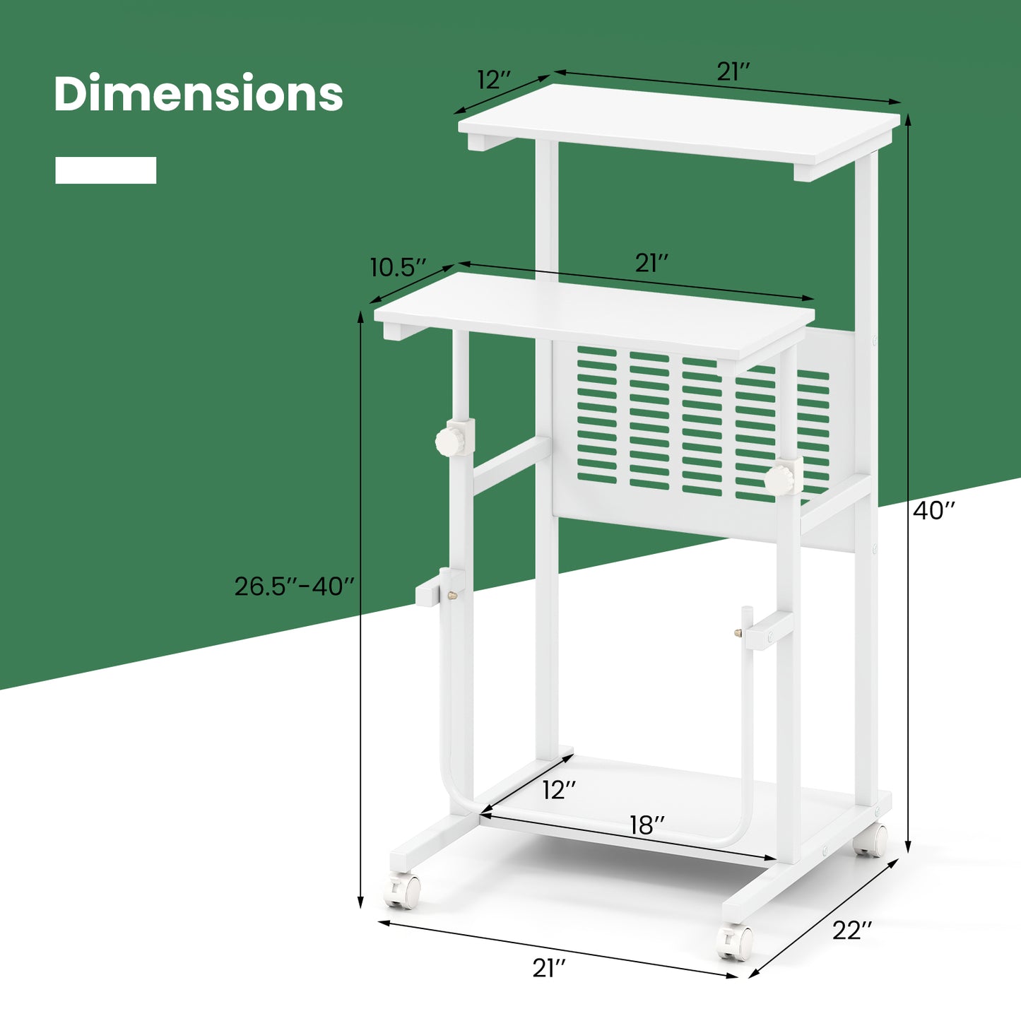 Height Adjustable Mobile Computer Stand-Up Desk, White Computer Desks at Gallery Canada