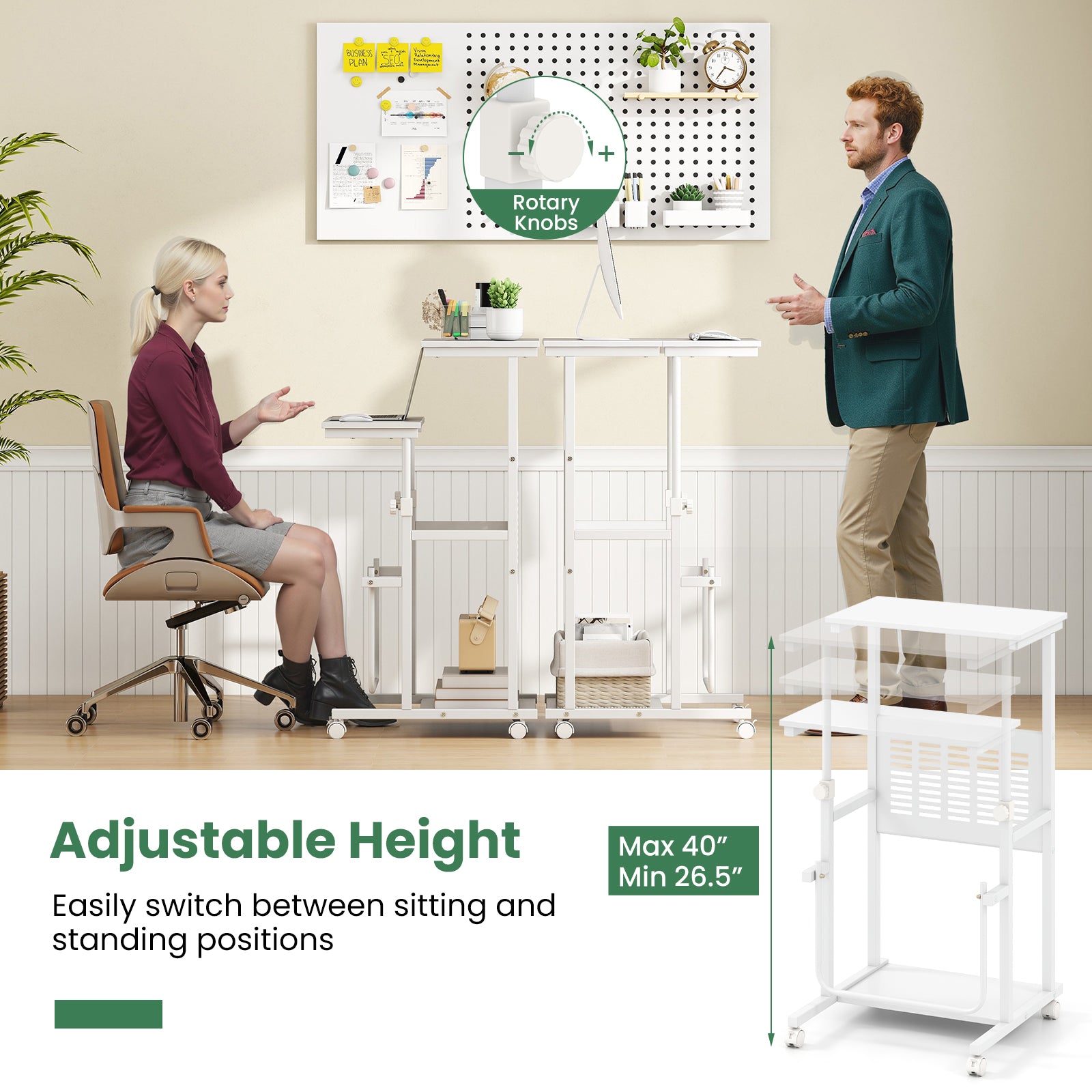 Height Adjustable Mobile Computer Stand-Up Desk, White Computer Desks at Gallery Canada