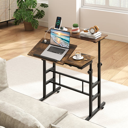 Adjustable Mobile Standing Desk with Power Outlets, Rustic Brown