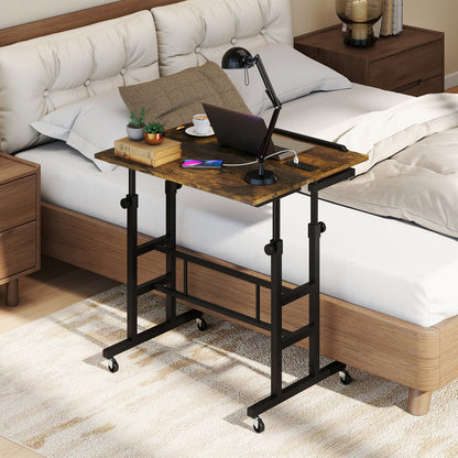 Adjustable Mobile Standing Desk with Power Outlets, Rustic Brown