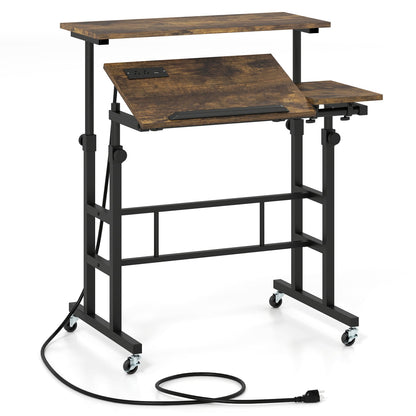 Adjustable Mobile Standing Desk with Power Outlets, Rustic Brown