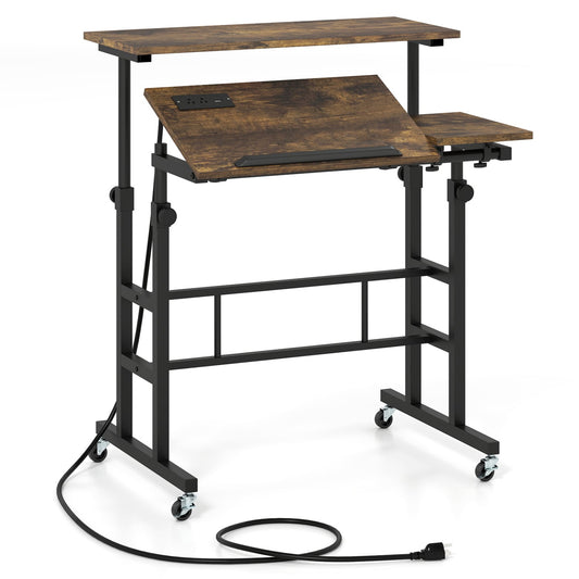 Adjustable Mobile Standing Desk with Power Outlets, Rustic Brown Office Desks Rustic Brown at Gallery Canada