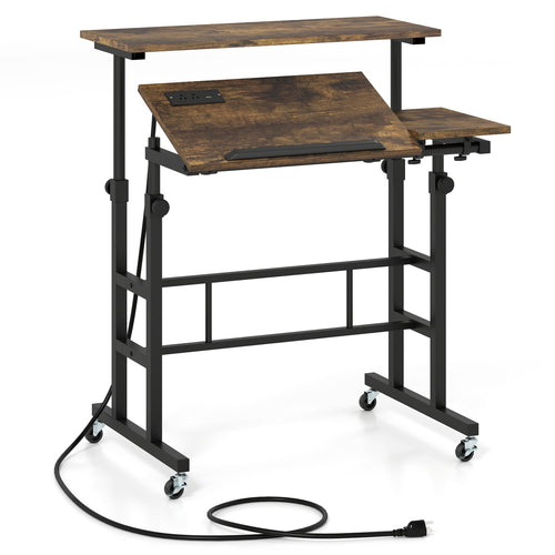 Adjustable Mobile Standing Desk with Power Outlets, Rustic Brown