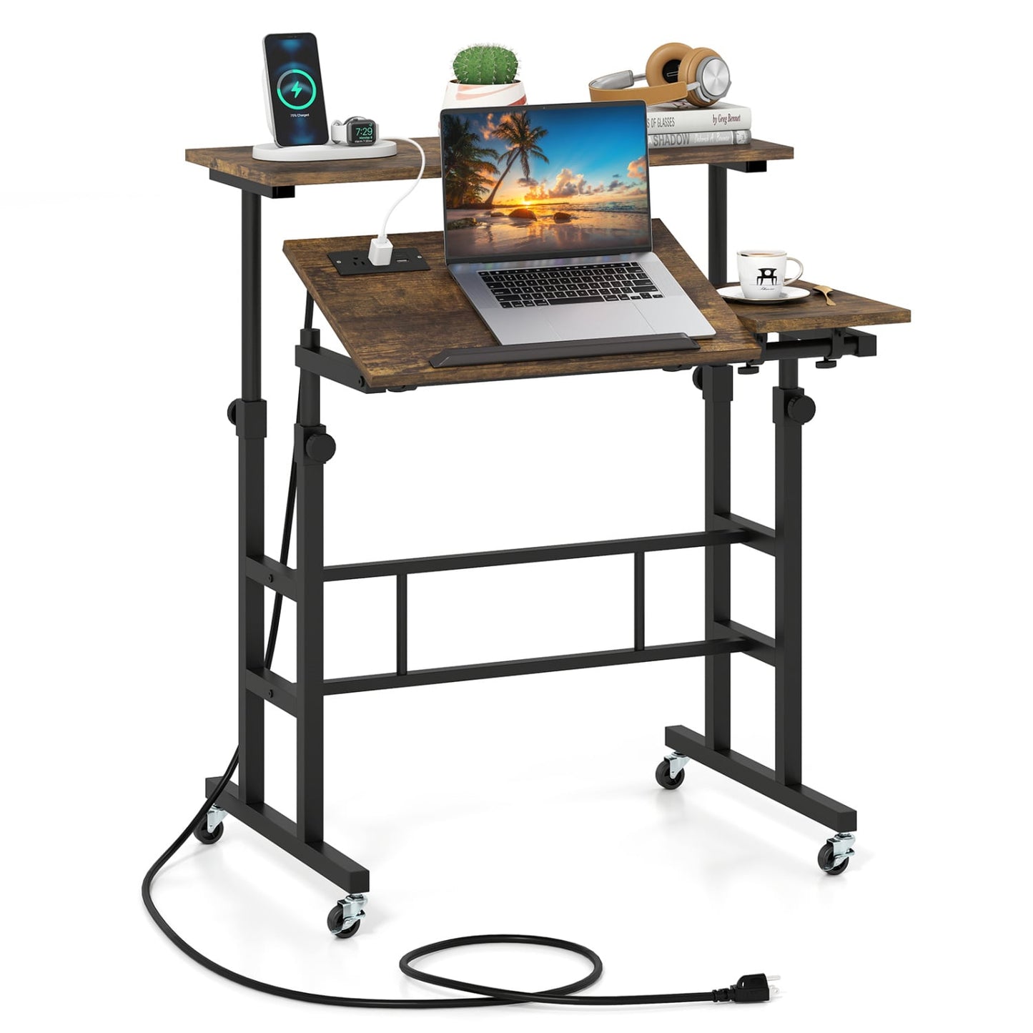 Adjustable Mobile Standing Desk with Power Outlets, Rustic Brown