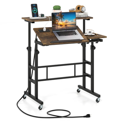 Adjustable Mobile Standing Desk with Power Outlets, Rustic Brown