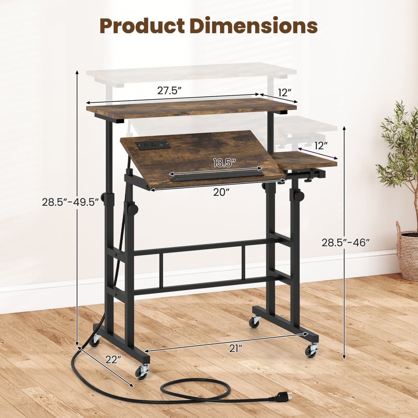 Adjustable Mobile Standing Desk with Power Outlets, Rustic Brown