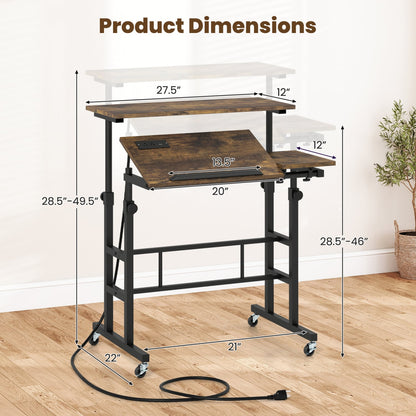 Adjustable Mobile Standing Desk with Power Outlets, Rustic Brown