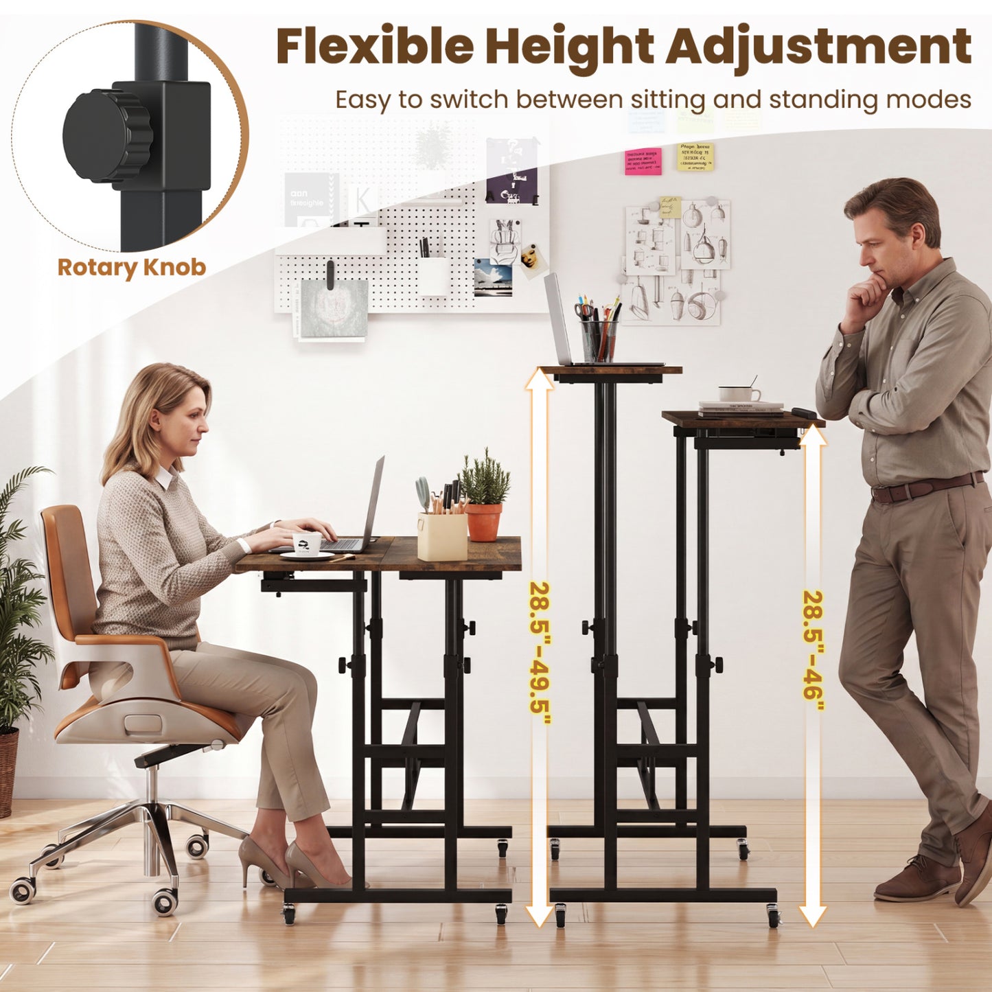 Adjustable Mobile Standing Desk with Power Outlets, Rustic Brown