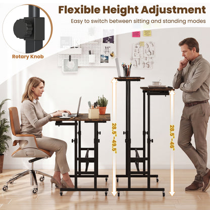 Adjustable Mobile Standing Desk with Power Outlets, Rustic Brown