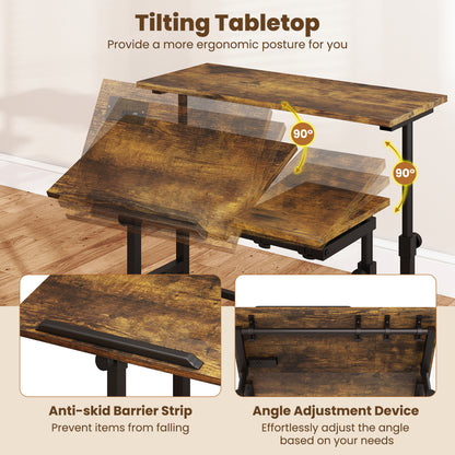 Adjustable Mobile Standing Desk with Power Outlets, Rustic Brown