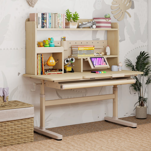 Height Adjustable Writing Table with Tilt Desktop and Retractable Book Stand-YM, Yellow