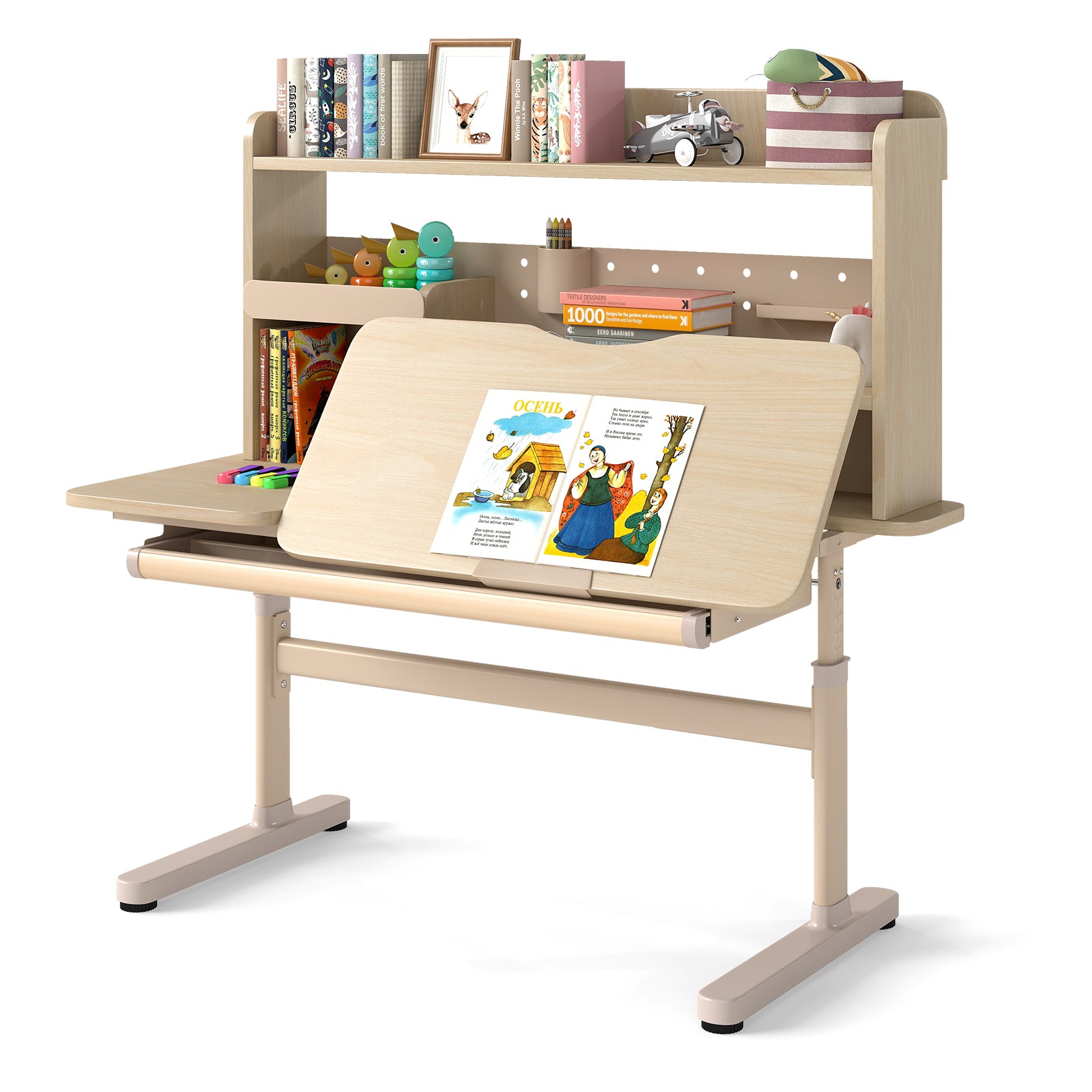 Height Adjustable Writing Table with Tilt Desktop and Retractable Book Stand-YM, Yellow Kids Table & Chair Sets at Gallery Canada