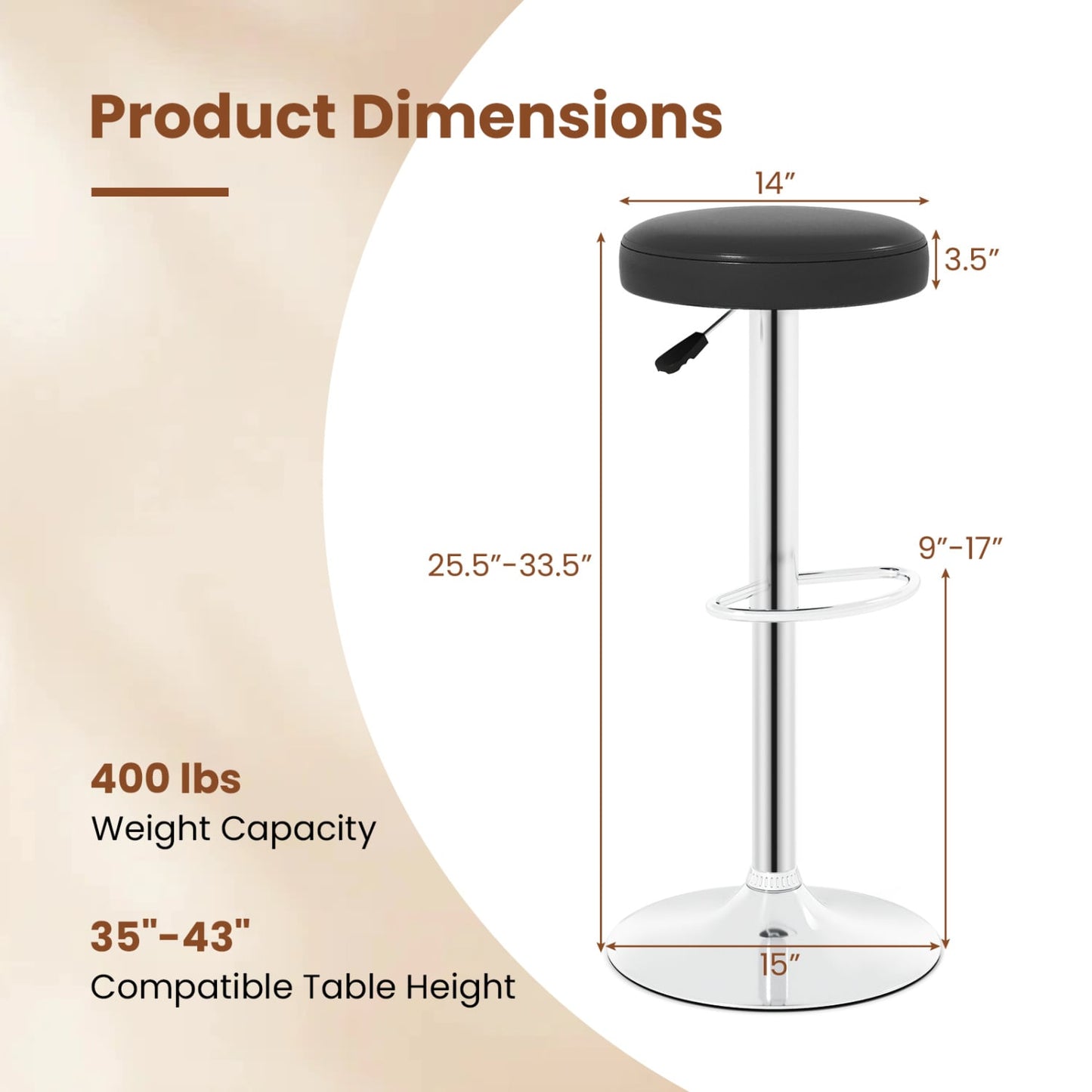 Height-Adjustable Bar Stool, 360° Swivel, Black