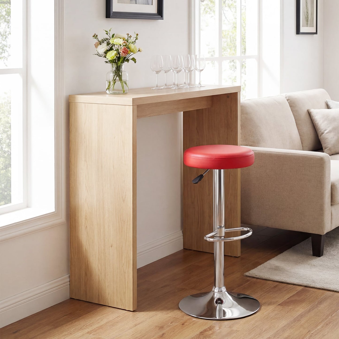 Height-Adjustable Bar Stool, Swivel, Red