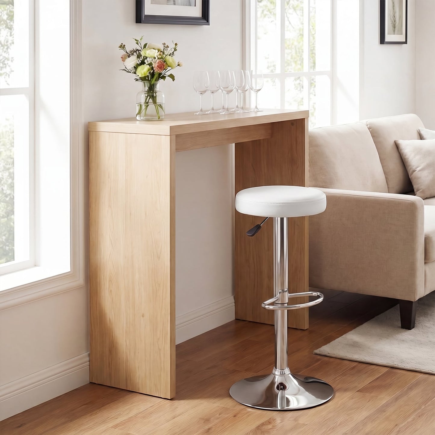 Height-Adjustable Bar Stool, 360° Swivel, White