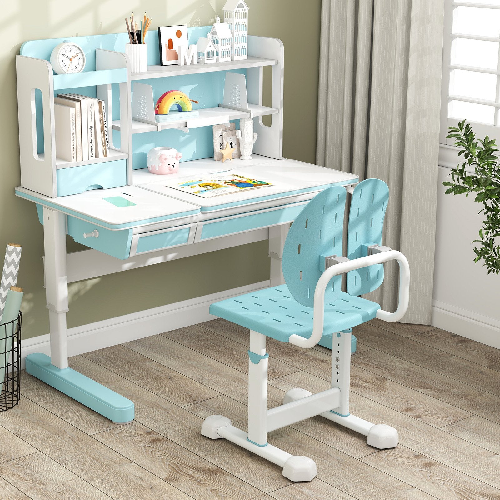 Height-adjustable Kid's Study Chair with Double Back Support and Breathable Seat for 3+ Years Old, Blue Kids Chairs & Seating at Gallery Canada