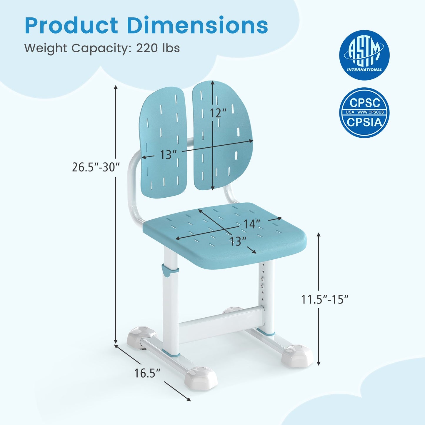 Height-adjustable Kid's Study Chair with Double Back Support and Breathable Seat for 3+ Years Old, Blue Kids Chairs & Seating at Gallery Canada