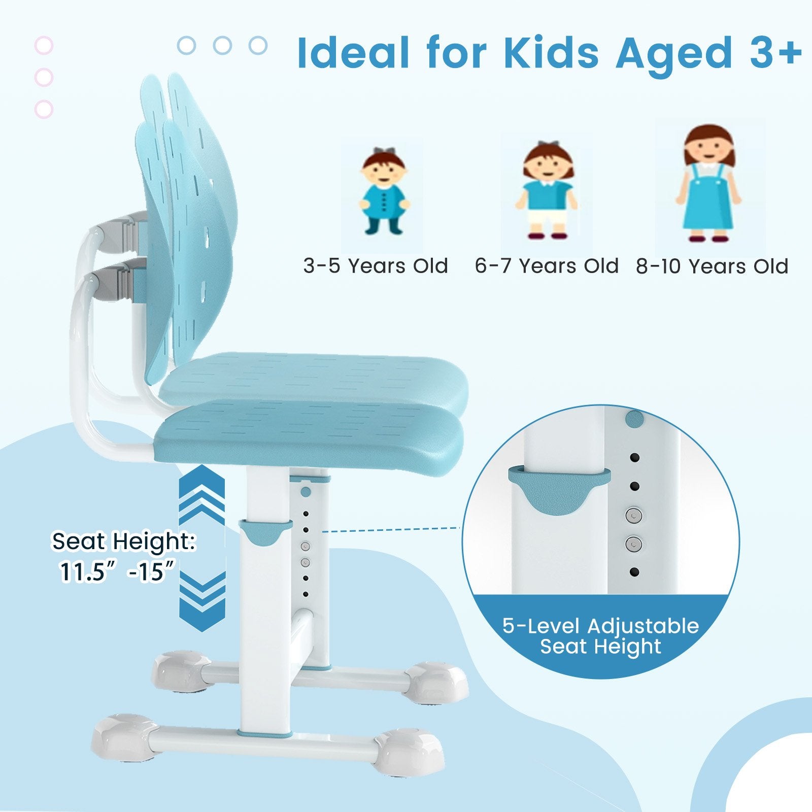 Height-adjustable Kid's Study Chair with Double Back Support and Breathable Seat for 3+ Years Old, Blue Kids Chairs & Seating at Gallery Canada