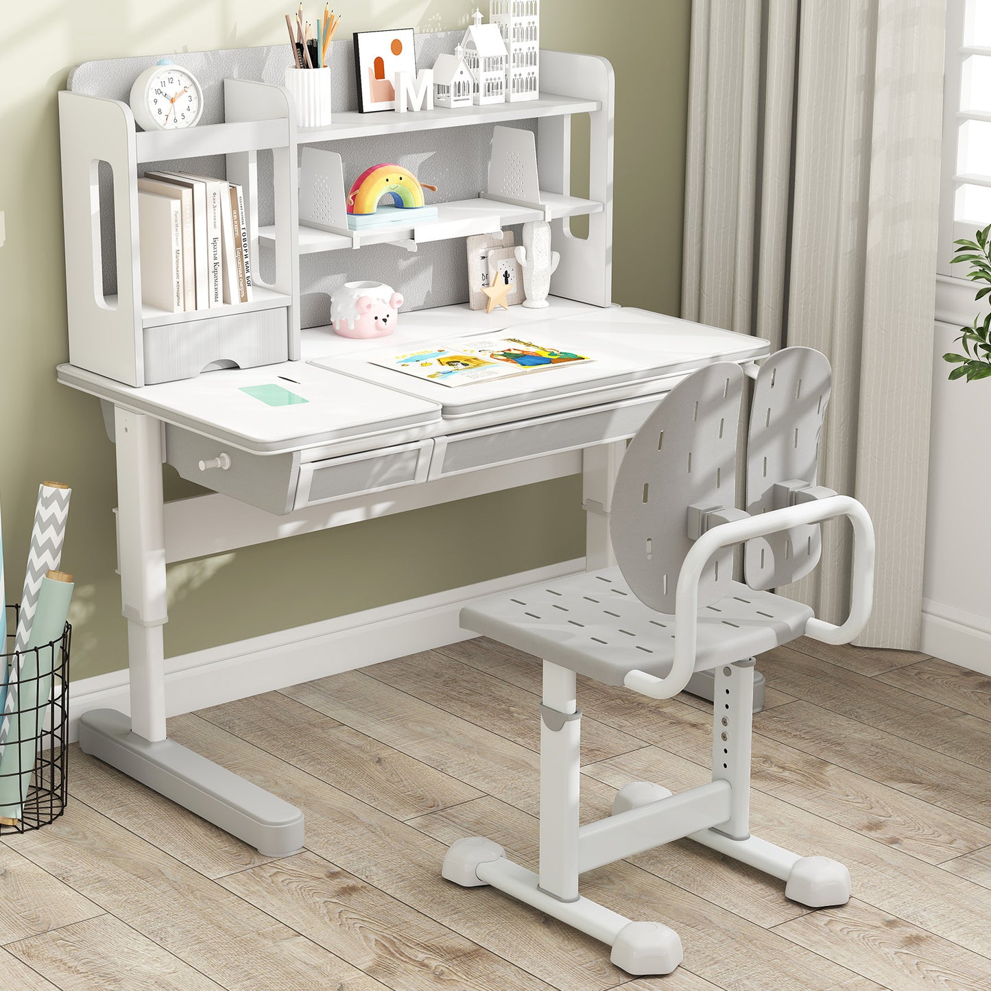 Height-adjustable Kid's Study Chair with Double Back Support and Breathable Seat for 3+ Years Old, Gray Kids Chairs & Seating at Gallery Canada