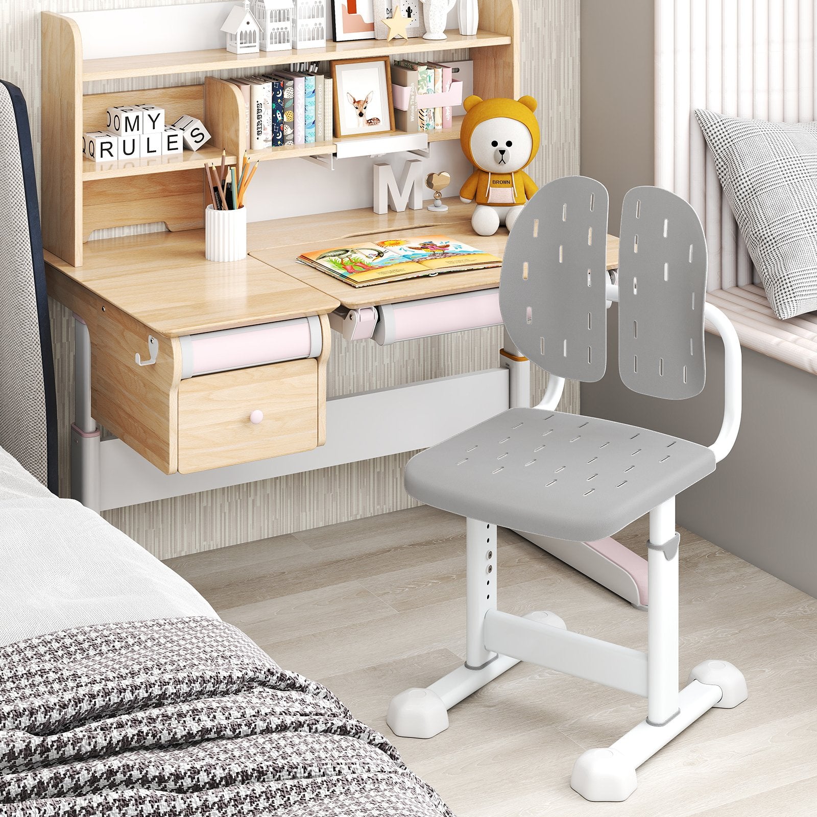 Height-adjustable Kid's Study Chair with Double Back Support and Breathable Seat for 3+ Years Old, Gray Kids Chairs & Seating at Gallery Canada