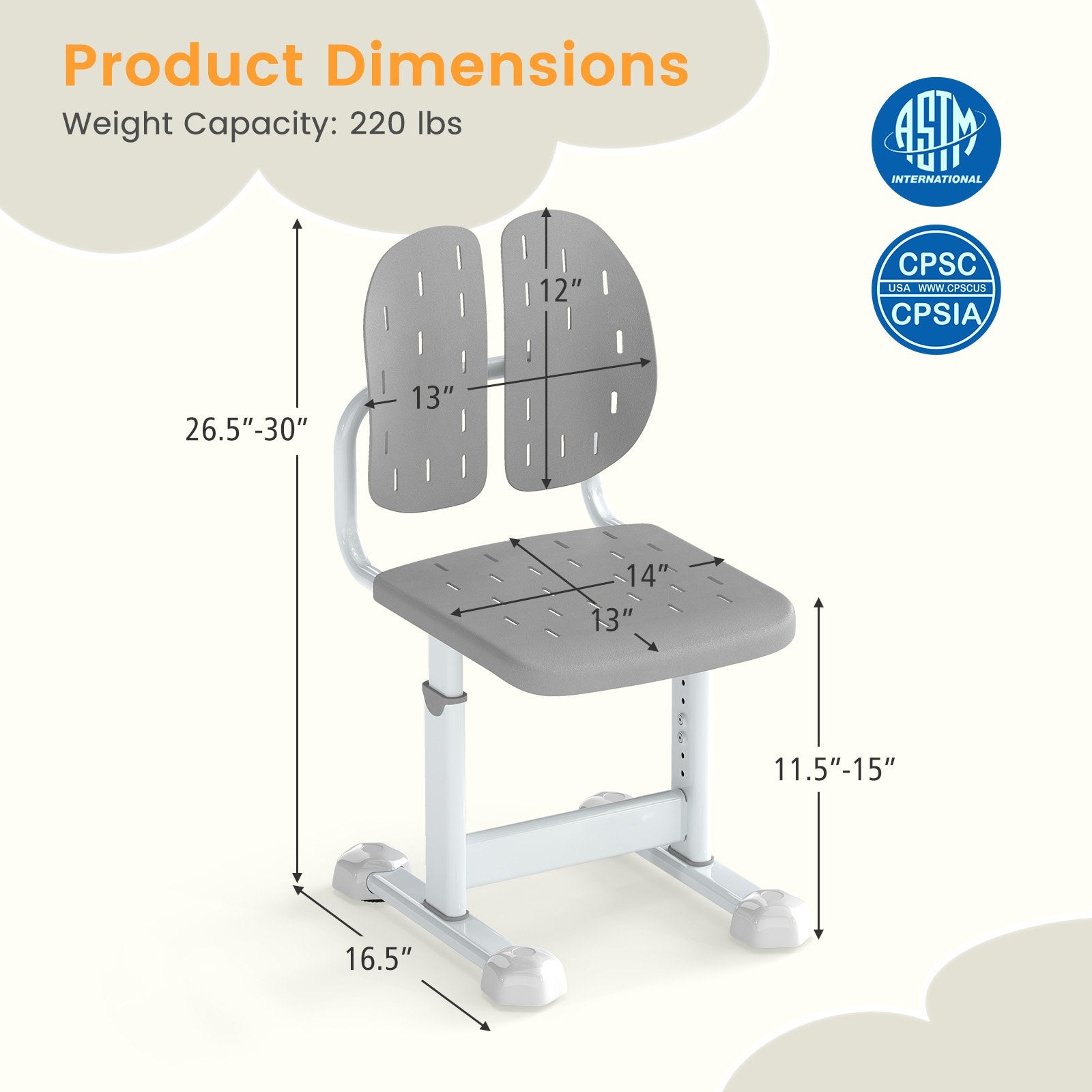 Height-adjustable Kid's Study Chair with Double Back Support and Breathable Seat for 3+ Years Old, Gray Kids Chairs & Seating at Gallery Canada