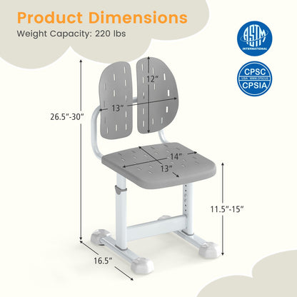 Height-adjustable Kid's Study Chair with Double Back Support and Breathable Seat for 3+ Years Old, Gray Kids Chairs & Seating at Gallery Canada